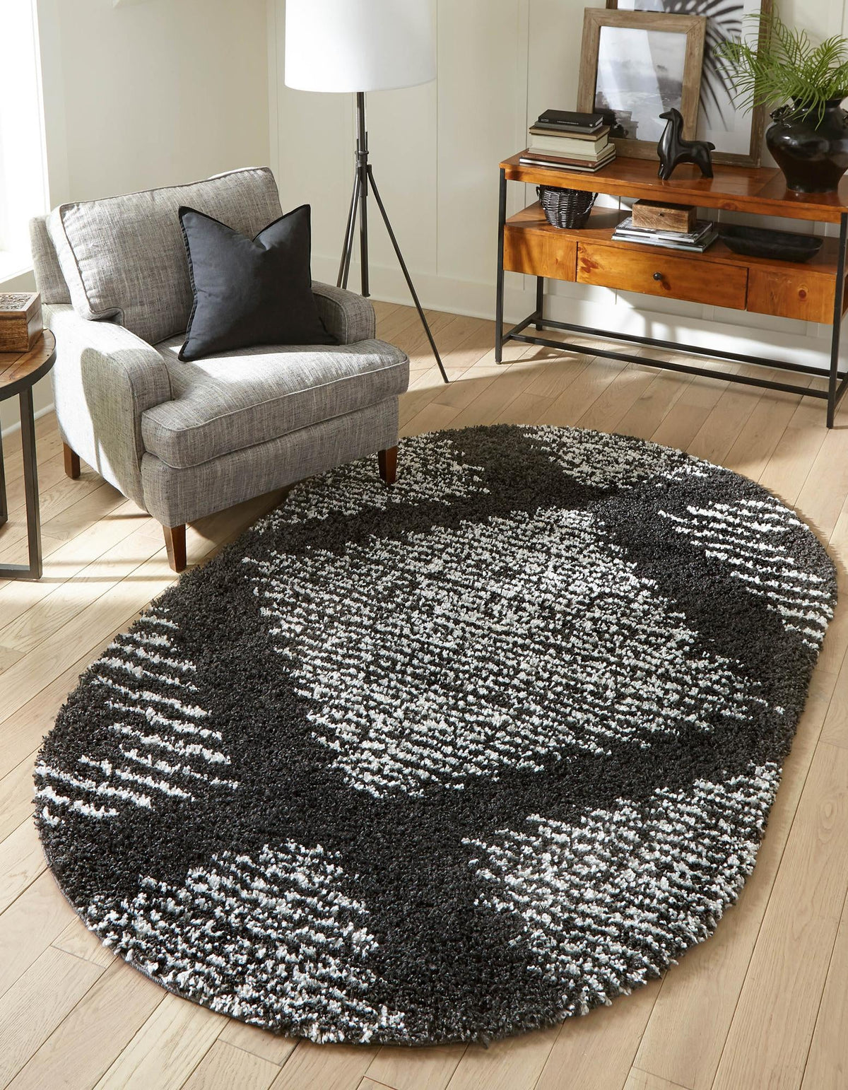 Tranquil Tides Shag Collection Area Rug -  Azure Oval Black and White  lifestyle 55