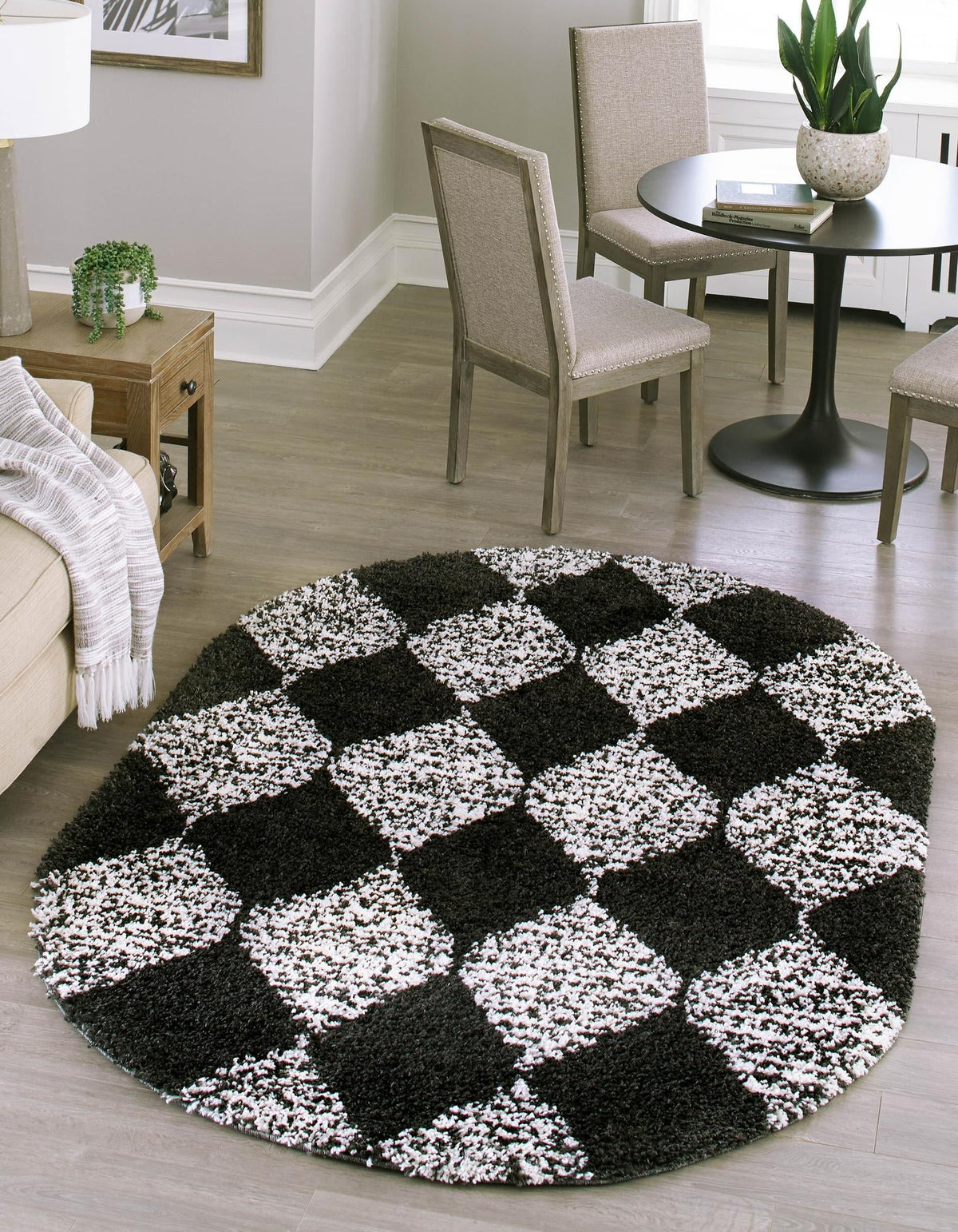Tranquil Tides Shag Collection Area Rug -  Pebble Oval Black and White  lifestyle 69