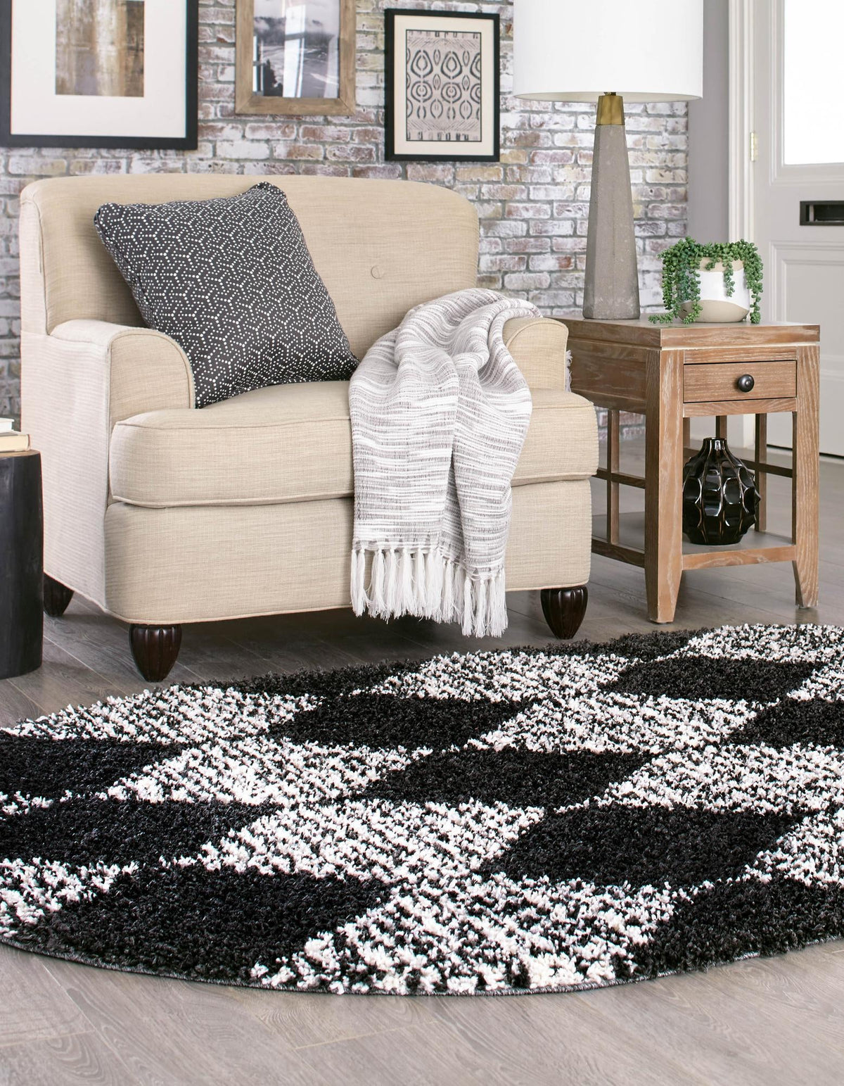 Tranquil Tides Shag Collection Area Rug -  Pebble Oval Black and White  lifestyle 85