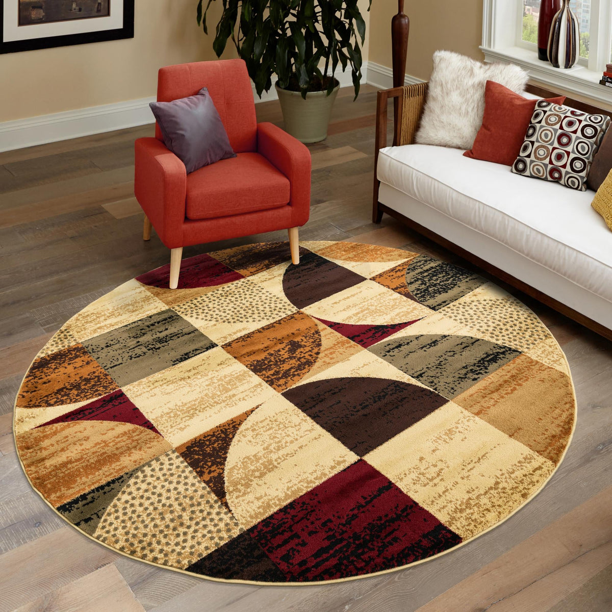 Bistro Lounge Collection Area Rug -  Mocha Round Multi  lifestyle 85