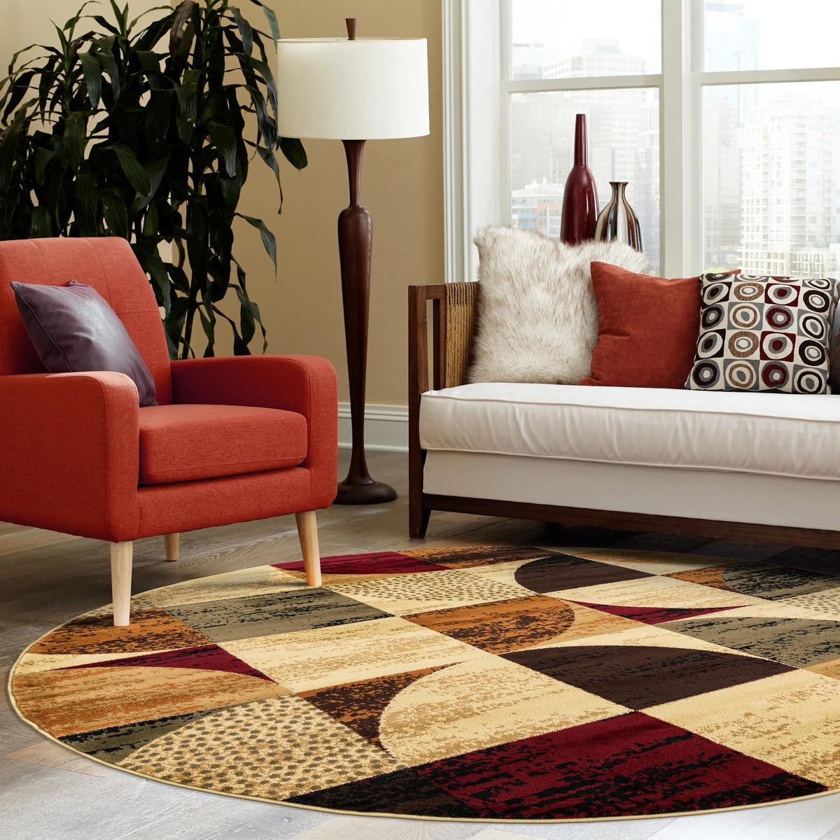 Bistro Lounge Collection Area Rug -  Mocha Round Multi  lifestyle 89