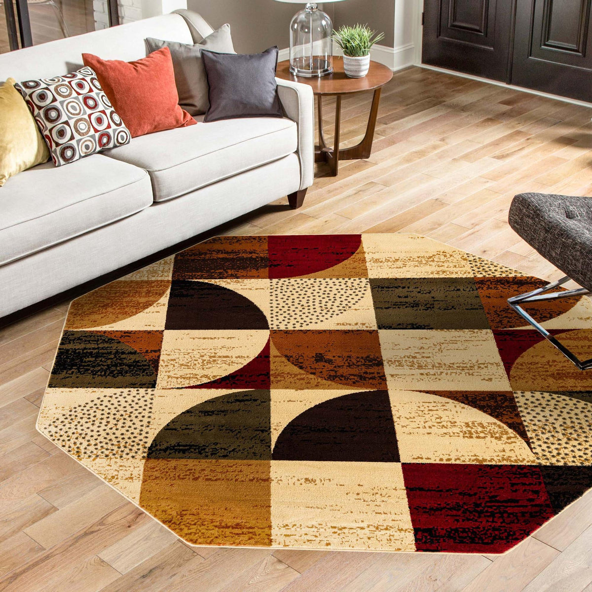 Bistro Lounge Collection Area Rug -  Mocha Octagon Multi  lifestyle 86