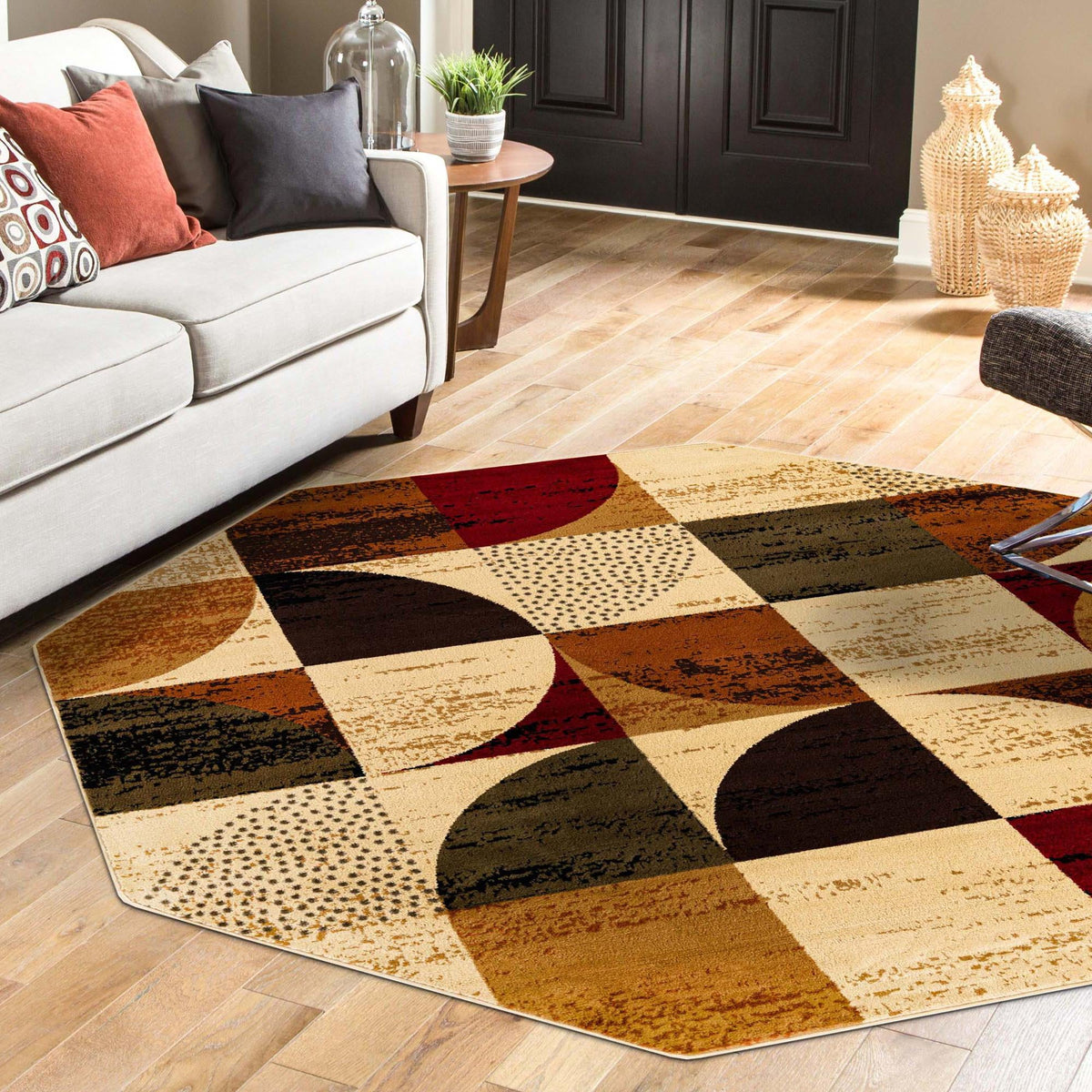 Bistro Lounge Collection Area Rug -  Mocha Octagon Multi  lifestyle 90