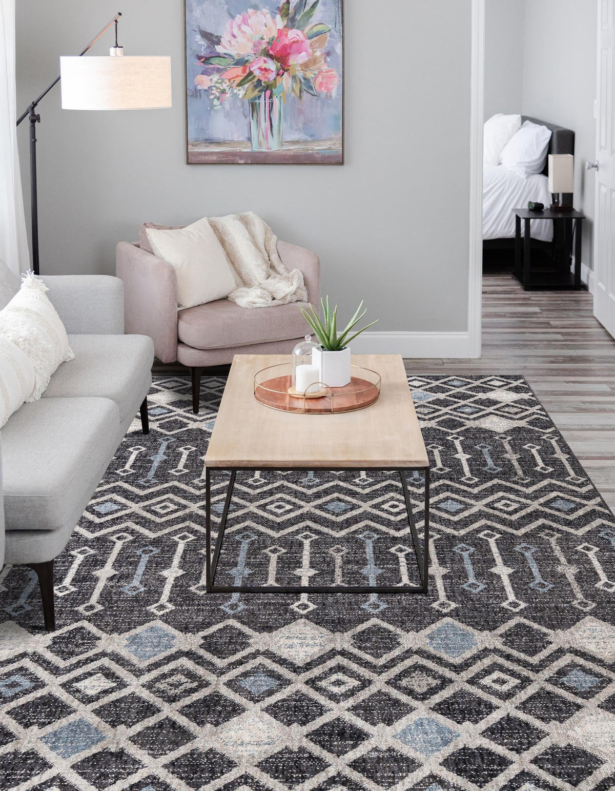 Geo Garden Lattice Collection Area Rug -  Andalusia Rectangle Charcoal Gray  lifestyle 11