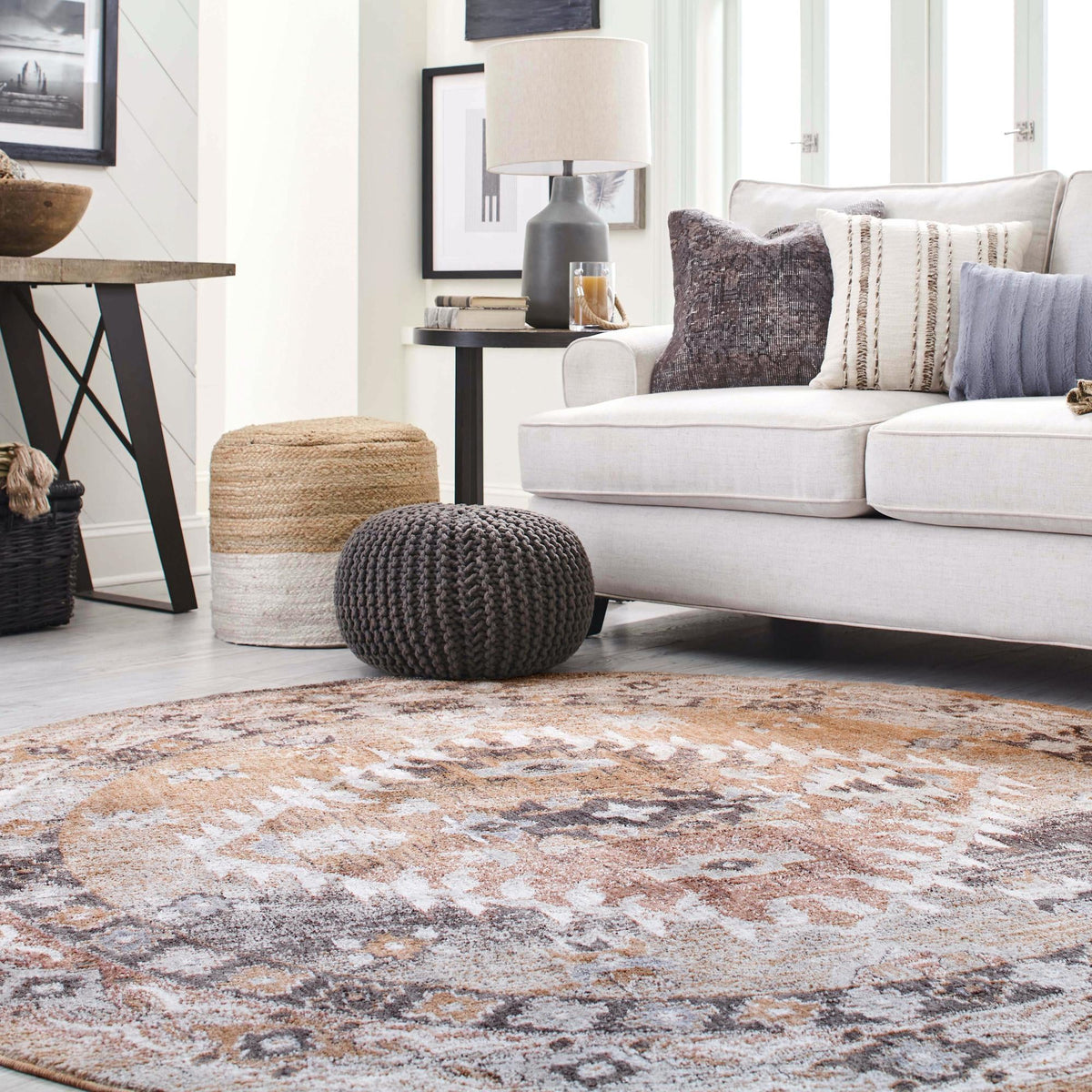 Desert Modern Eco Rug Series Collection Area Rug -  Navajo Round Khaki Gray  lifestyle 60