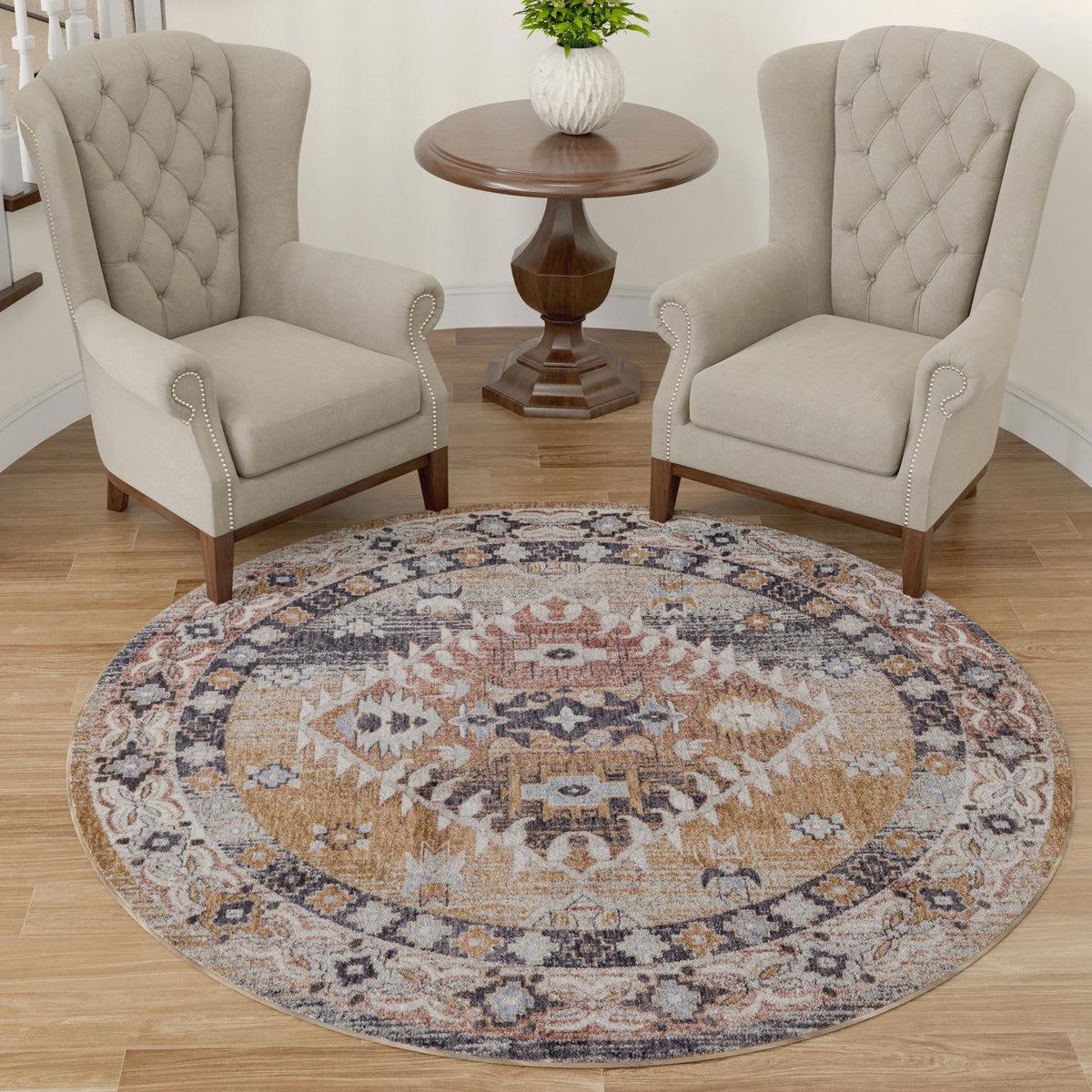 Desert Modern Eco Rug Series Collection Area Rug -  Navajo Round Khaki Gray  lifestyle 66