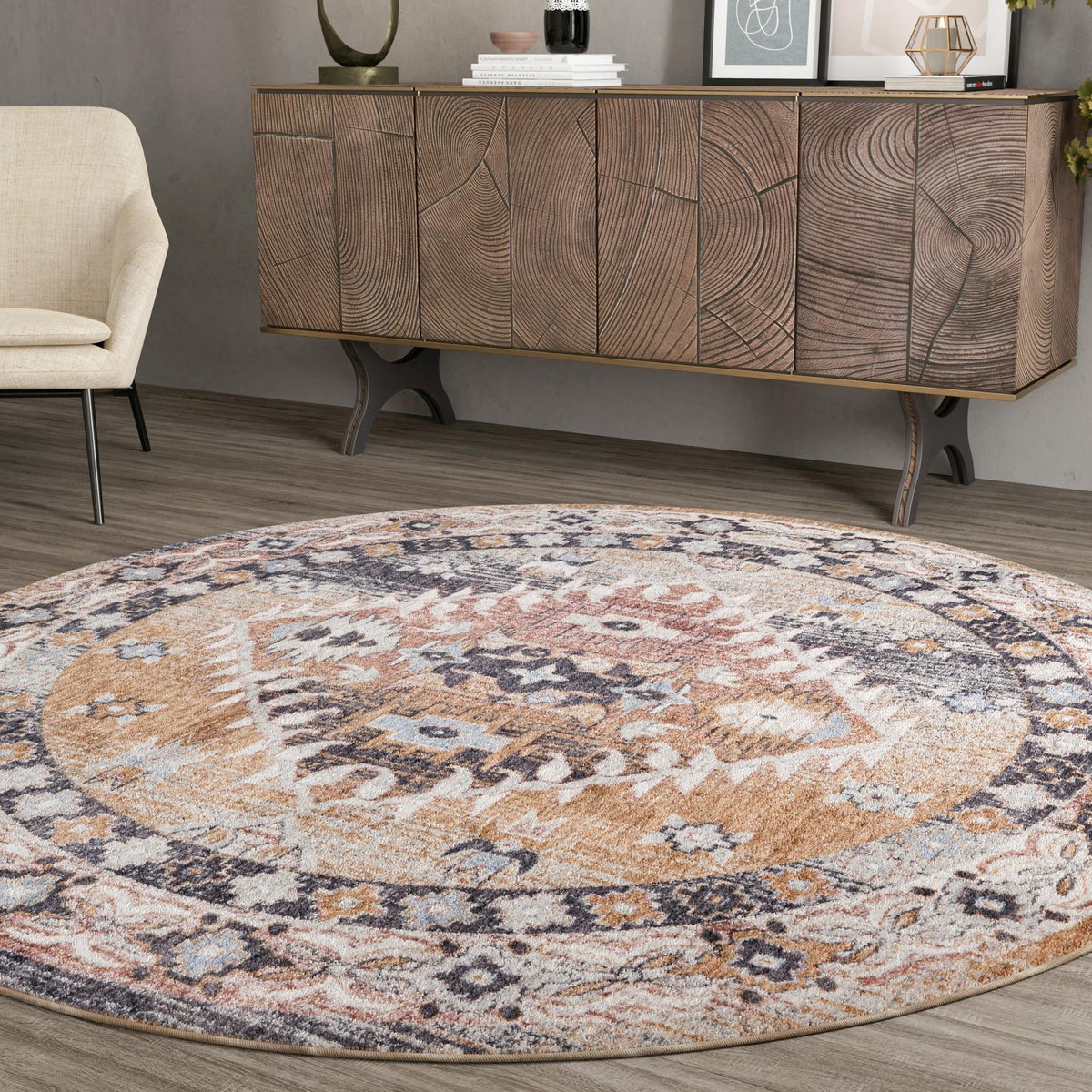Desert Modern Eco Rug Series Collection Area Rug -  Navajo Round Khaki Gray  lifestyle 68