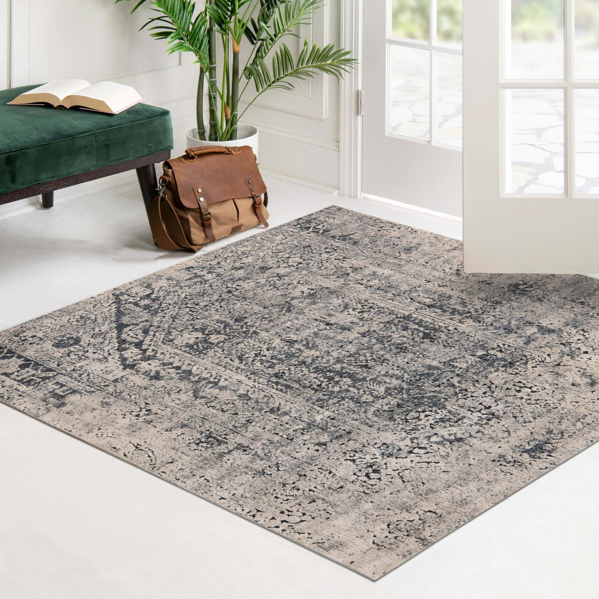 Coastal Manor Collection Area Rug -  Wavecrest Square Gray  lifestyle 105