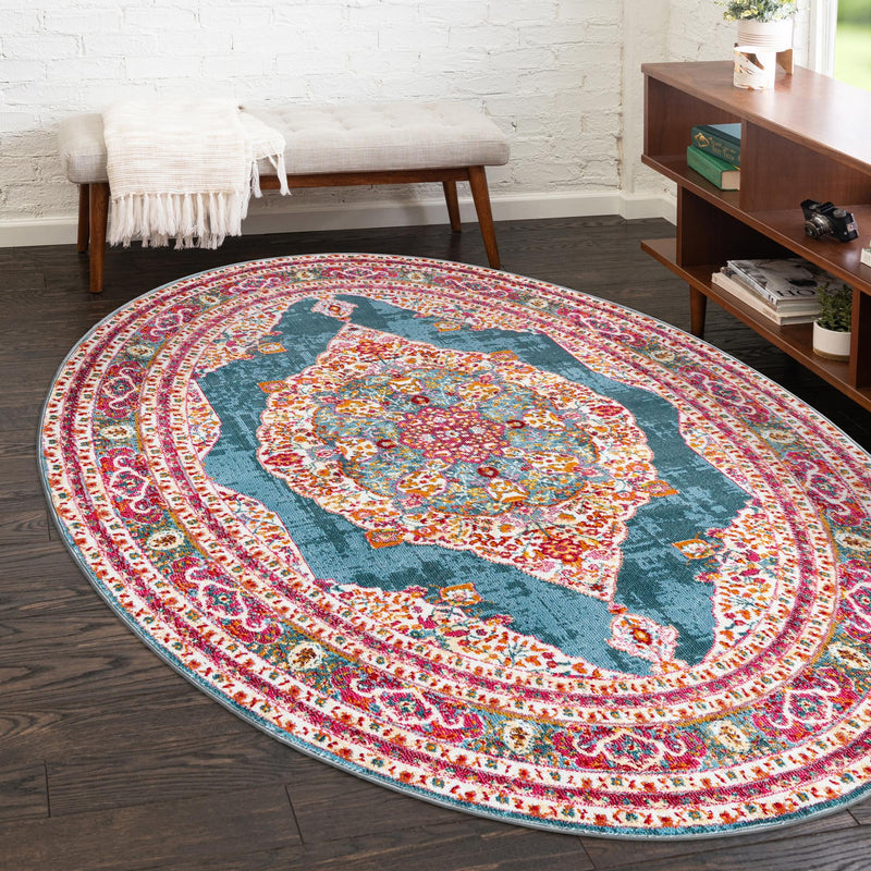 Caribbean Breeze Collection Area Rug -  Windward Oval Turquoise  lifestyle 101