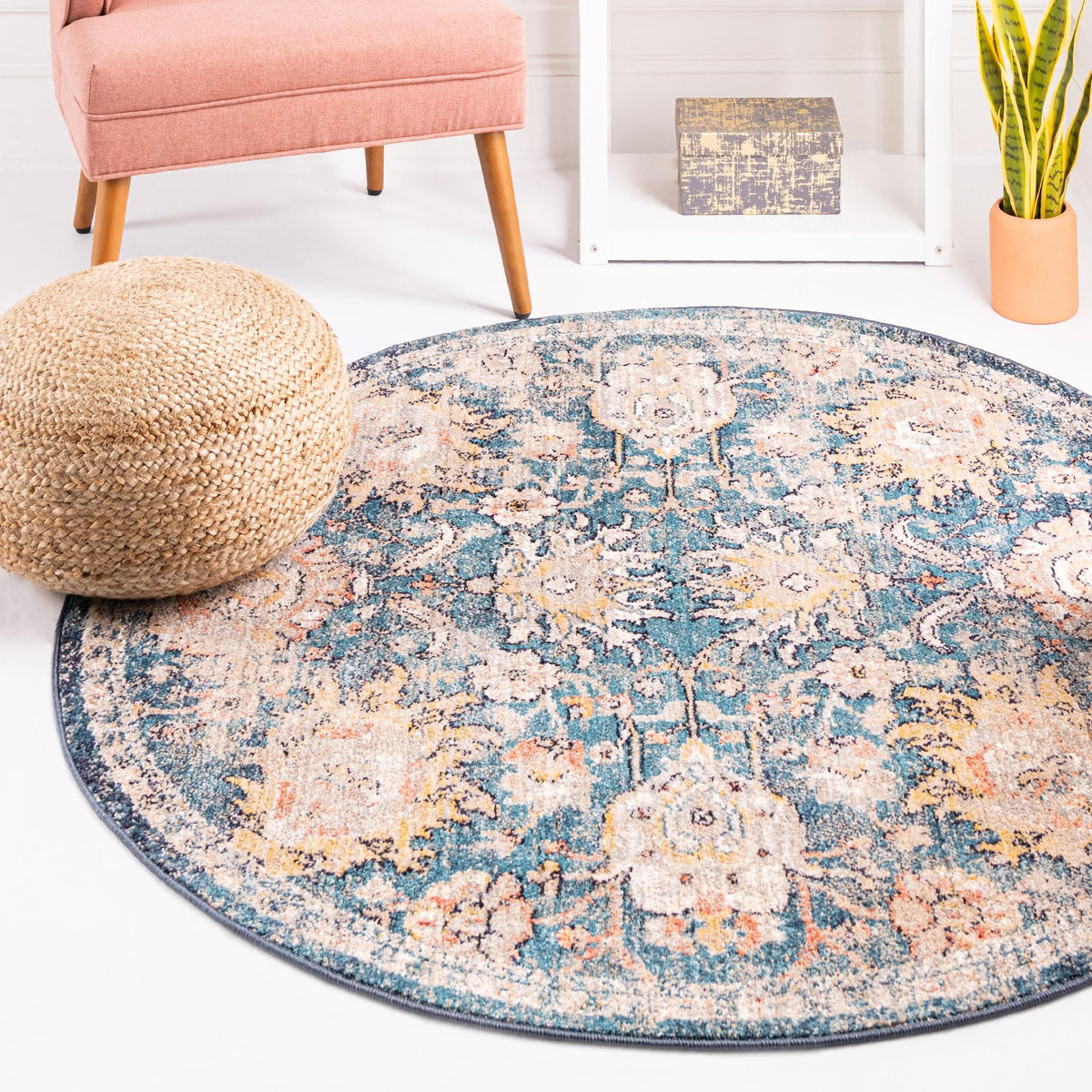 Seville Stripes Collection Area Rug -  Cordoba (Blue) Round Blue  lifestyle 67