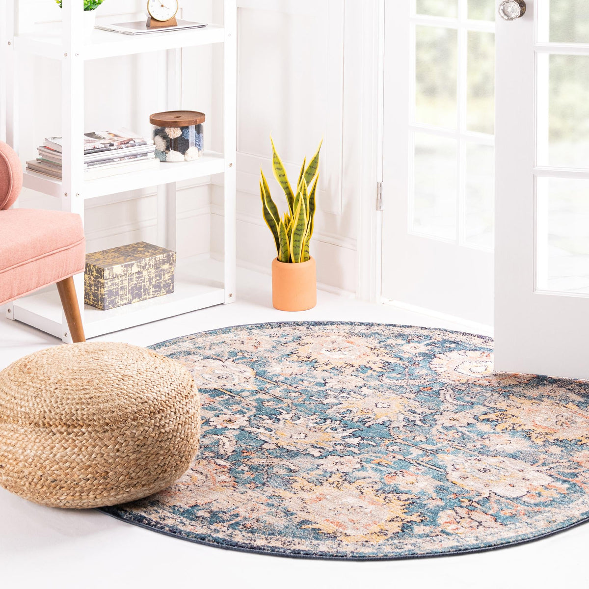 Seville Stripes Collection Area Rug -  Cordoba (Blue) Round Blue  lifestyle 71