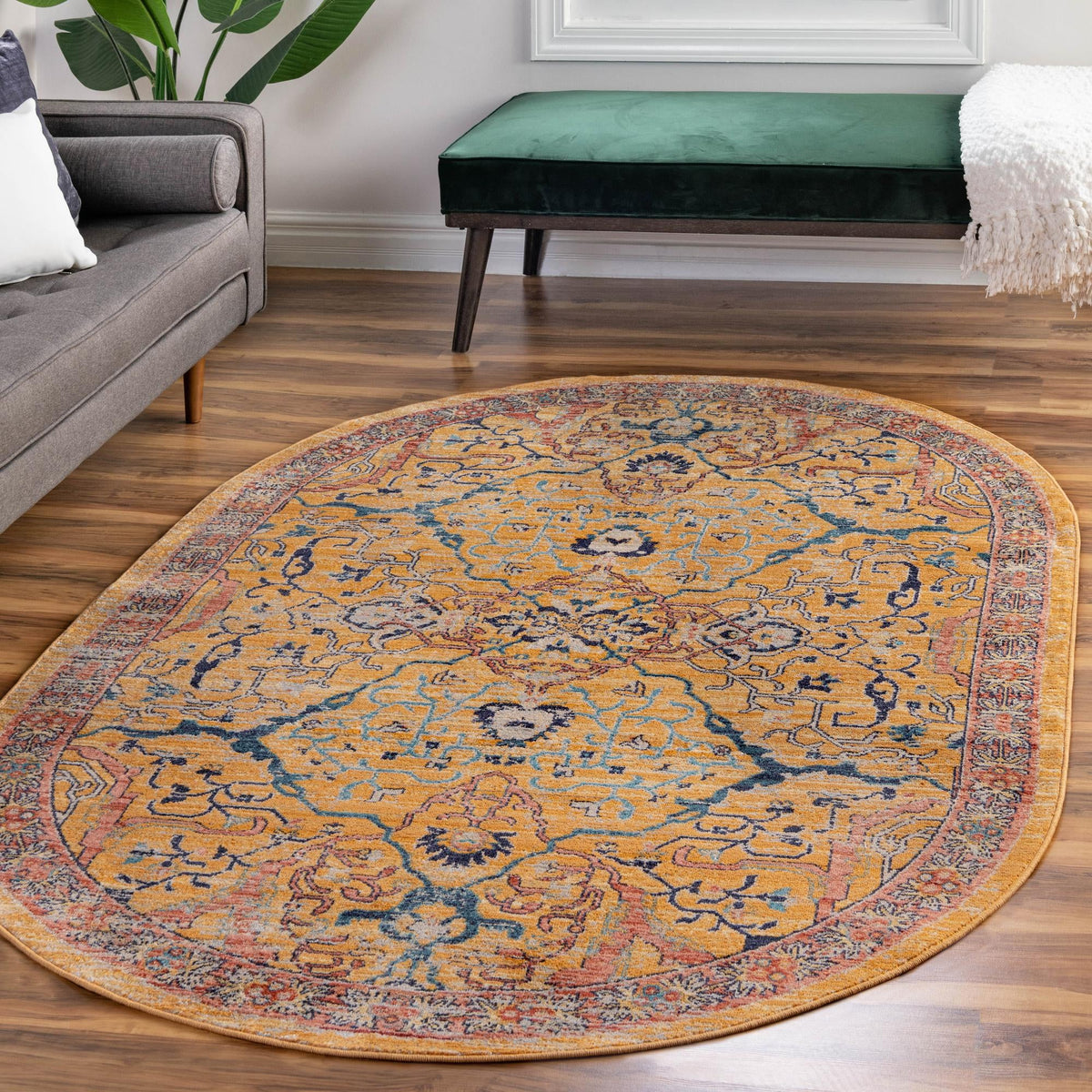 Seville Stripes Collection Area Rug -  Malaga (Yellow) Oval Yellow  lifestyle 68