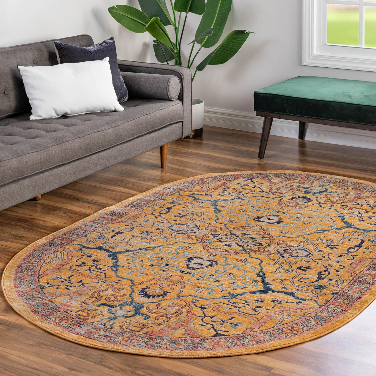 Seville Stripes Collection Area Rug -  Malaga (Yellow) Oval Yellow  lifestyle 71