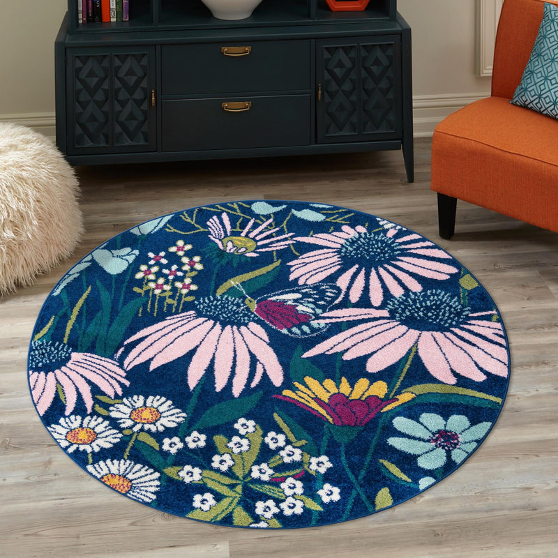 Garden Oasis Collection Area Rug - Arbor Round Navy Blue  lifestyle 70