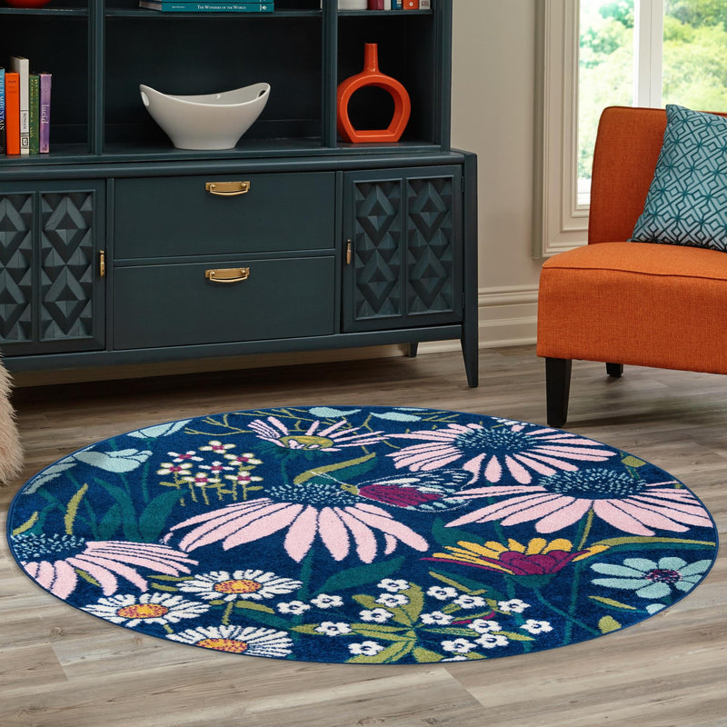 Garden Oasis Collection Area Rug - Arbor Round Navy Blue  lifestyle 78