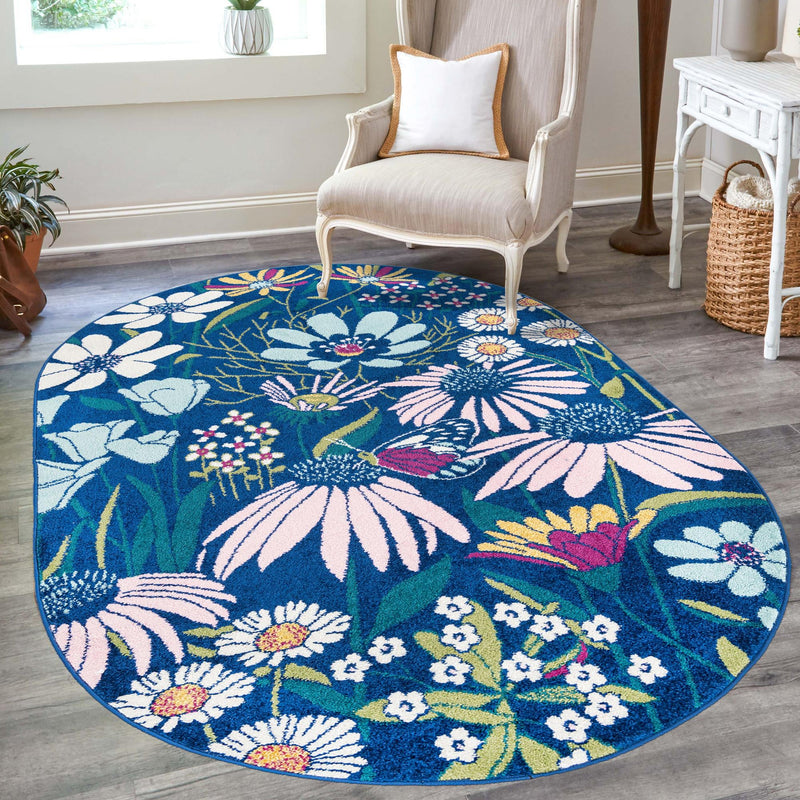 Garden Oasis Collection Area Rug - Arbor Oval Navy Blue  lifestyle 13