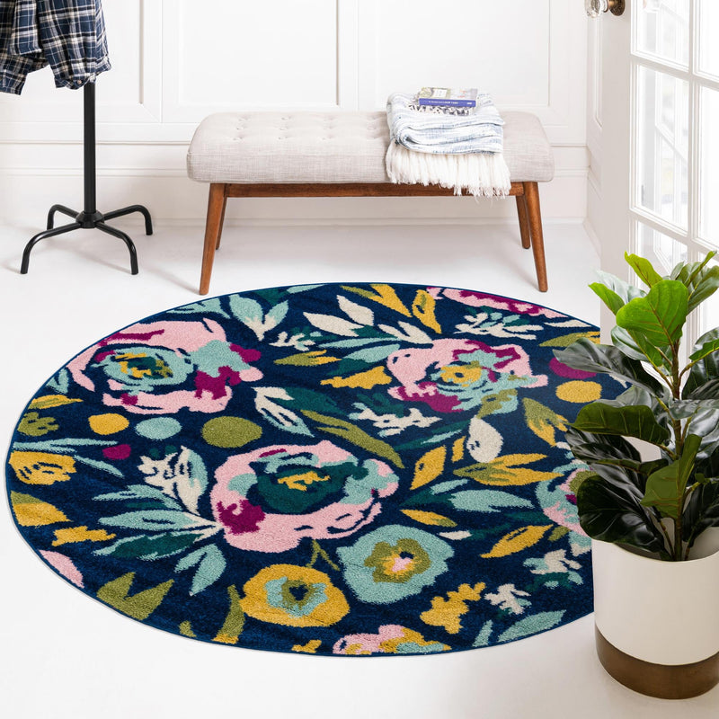 Garden Oasis Collection Area Rug -  Dell Round Navy Blue  lifestyle 111