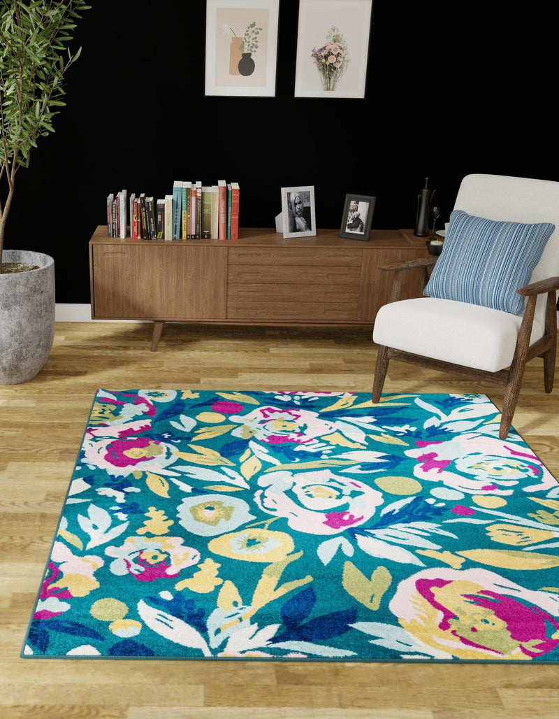 Garden Oasis Collection Area Rug -  Dell Square Teal  lifestyle 76
