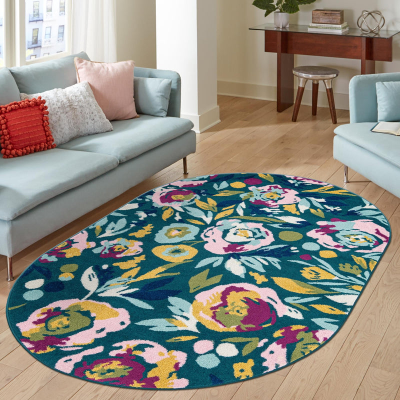Garden Oasis Collection Area Rug -  Dell Oval Teal  lifestyle 13