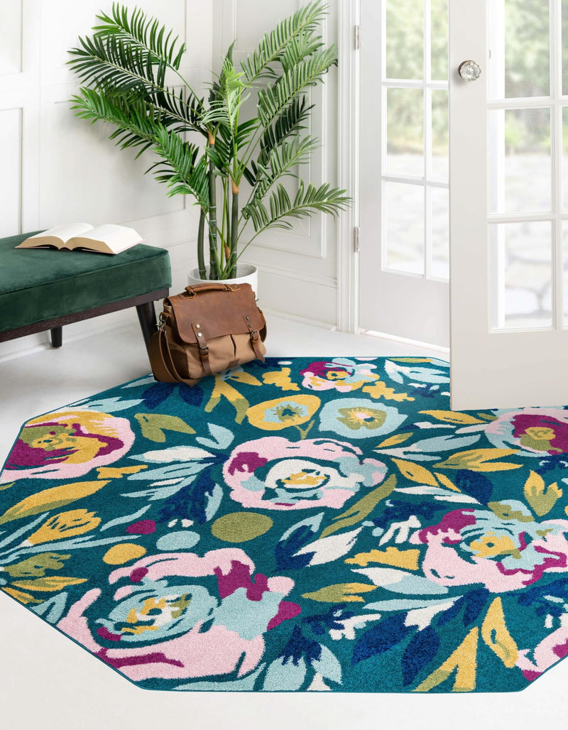 Garden Oasis Collection Area Rug -  Dell Octagon Teal  lifestyle 72