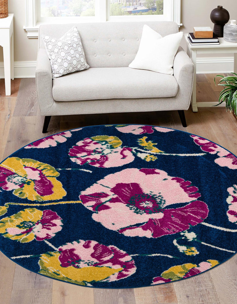 Garden Oasis Collection Area Rug -  Orchard Round Navy Blue  lifestyle 0