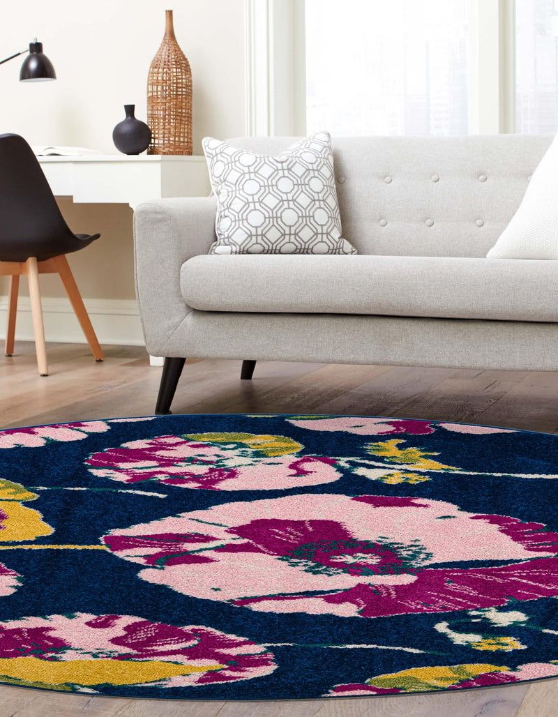 Garden Oasis Collection Area Rug -  Orchard Round Navy Blue  lifestyle 2