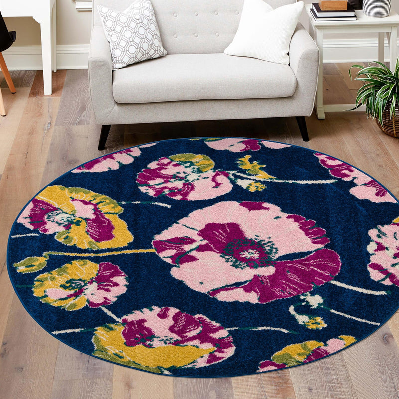 Garden Oasis Collection Area Rug -  Orchard Round Navy Blue  lifestyle 15
