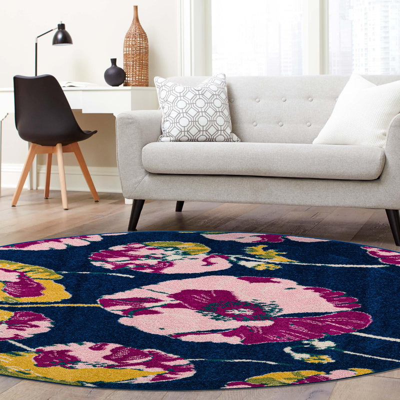 Garden Oasis Collection Area Rug -  Orchard Round Navy Blue  lifestyle 16
