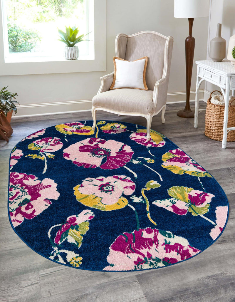 Garden Oasis Collection Area Rug -  Orchard Oval Navy Blue  lifestyle 0