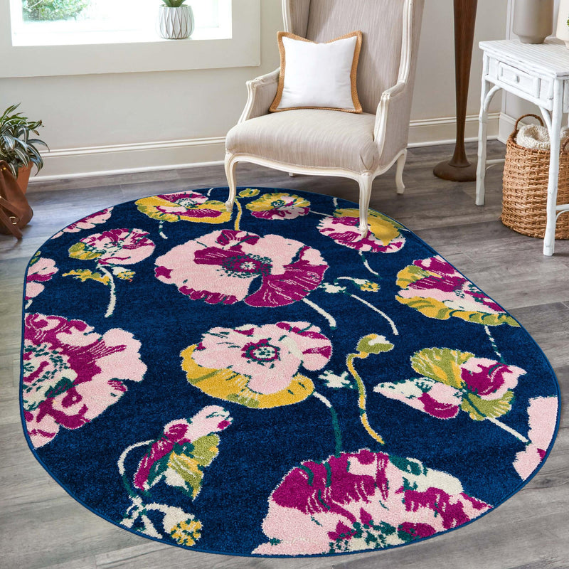 Garden Oasis Collection Area Rug -  Orchard Oval Navy Blue  lifestyle 13