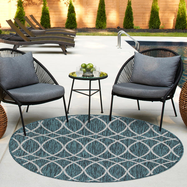 Garden Lattice Oasis Collection Area Rug -  Pavilion (Teal) Round Teal  lifestyle 14