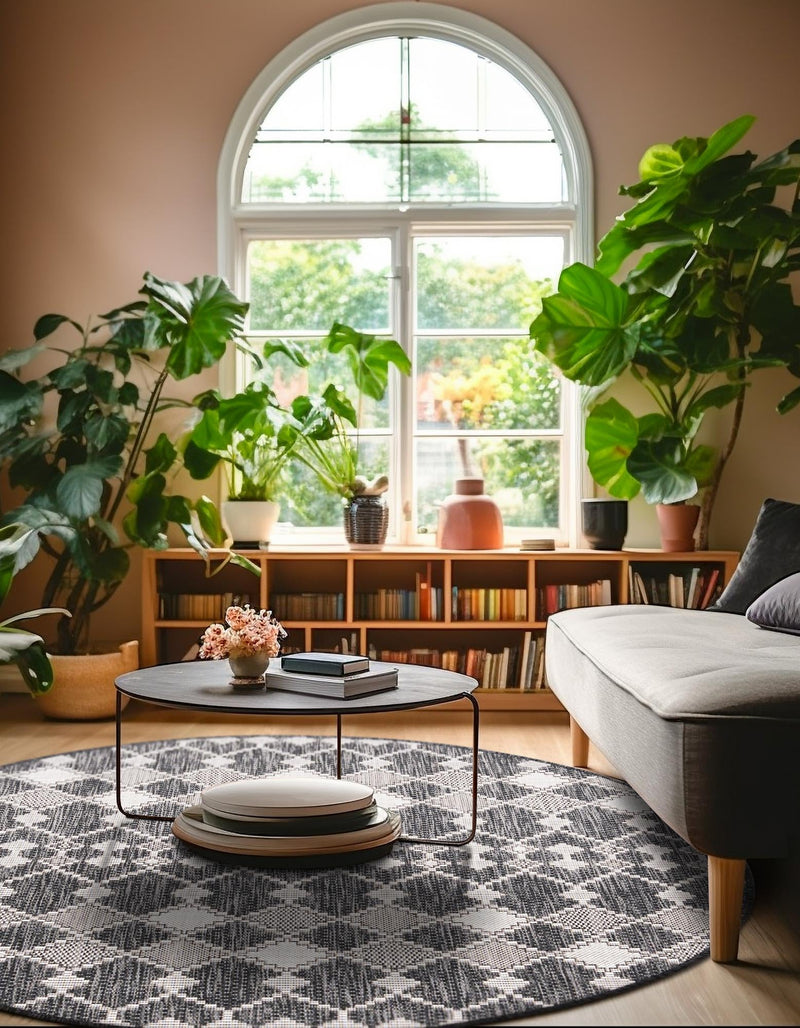 Garden Lattice Oasis Collection Area Rug -  Veranda Round Charcoal  lifestyle 213