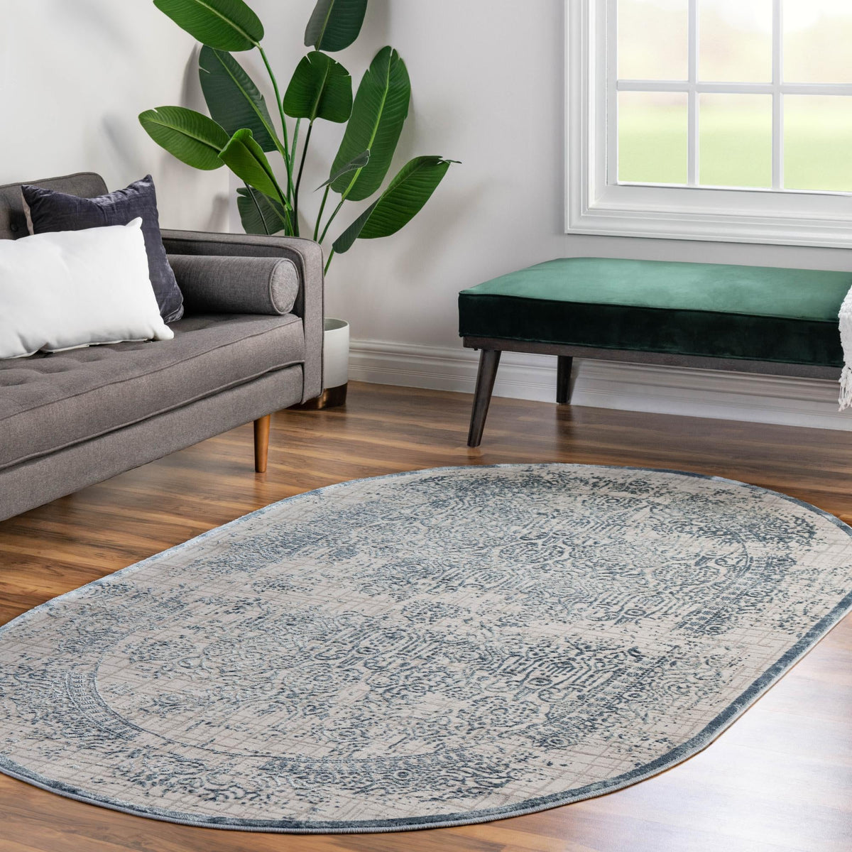 Derbyshire Elegance Collection Area Rug -  Matlock Oval Blue  lifestyle 123