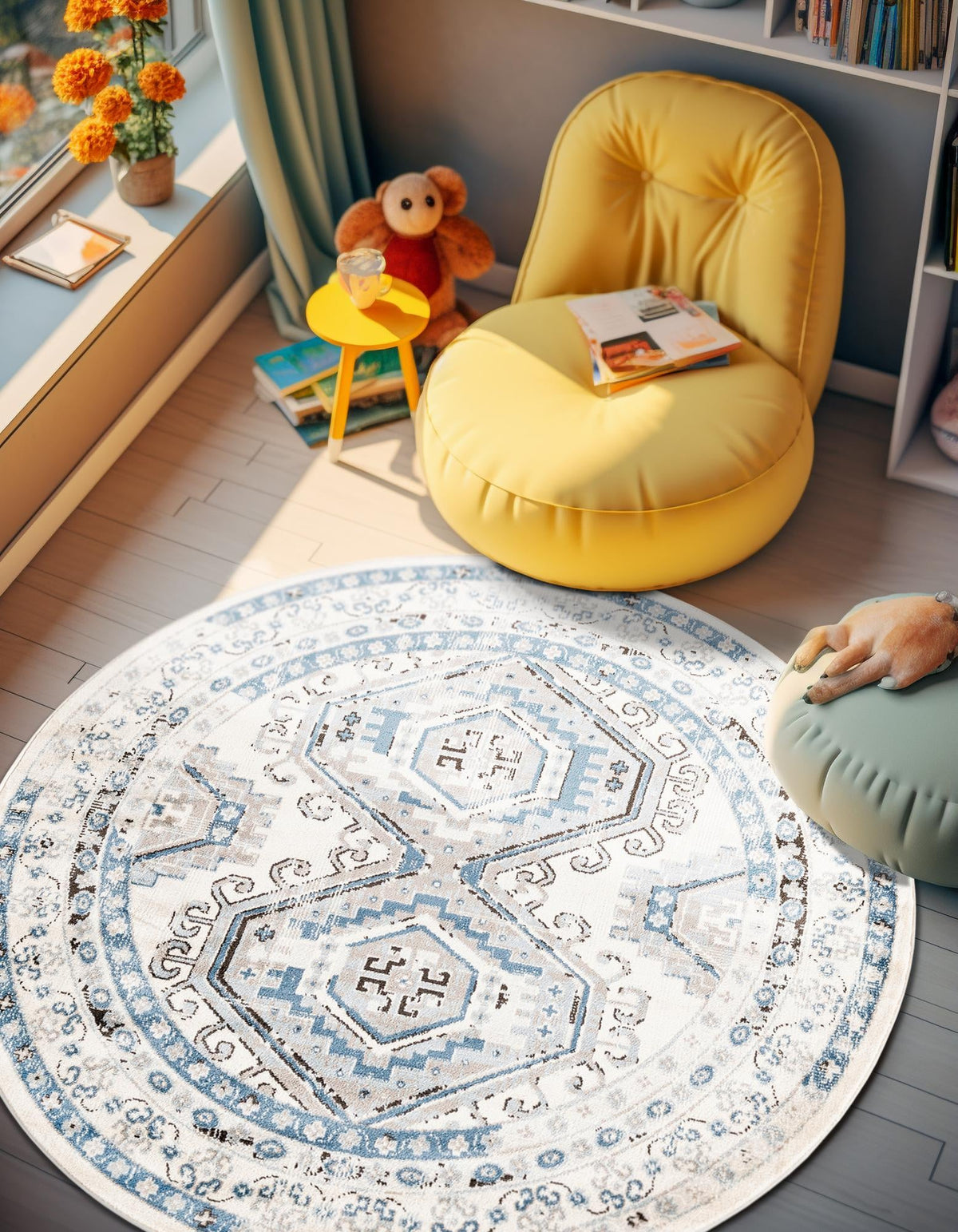 Savannah Elegance Collection Area Rug -  Tybee (Ivory Aqua) Round Ivory Aqua  lifestyle 54