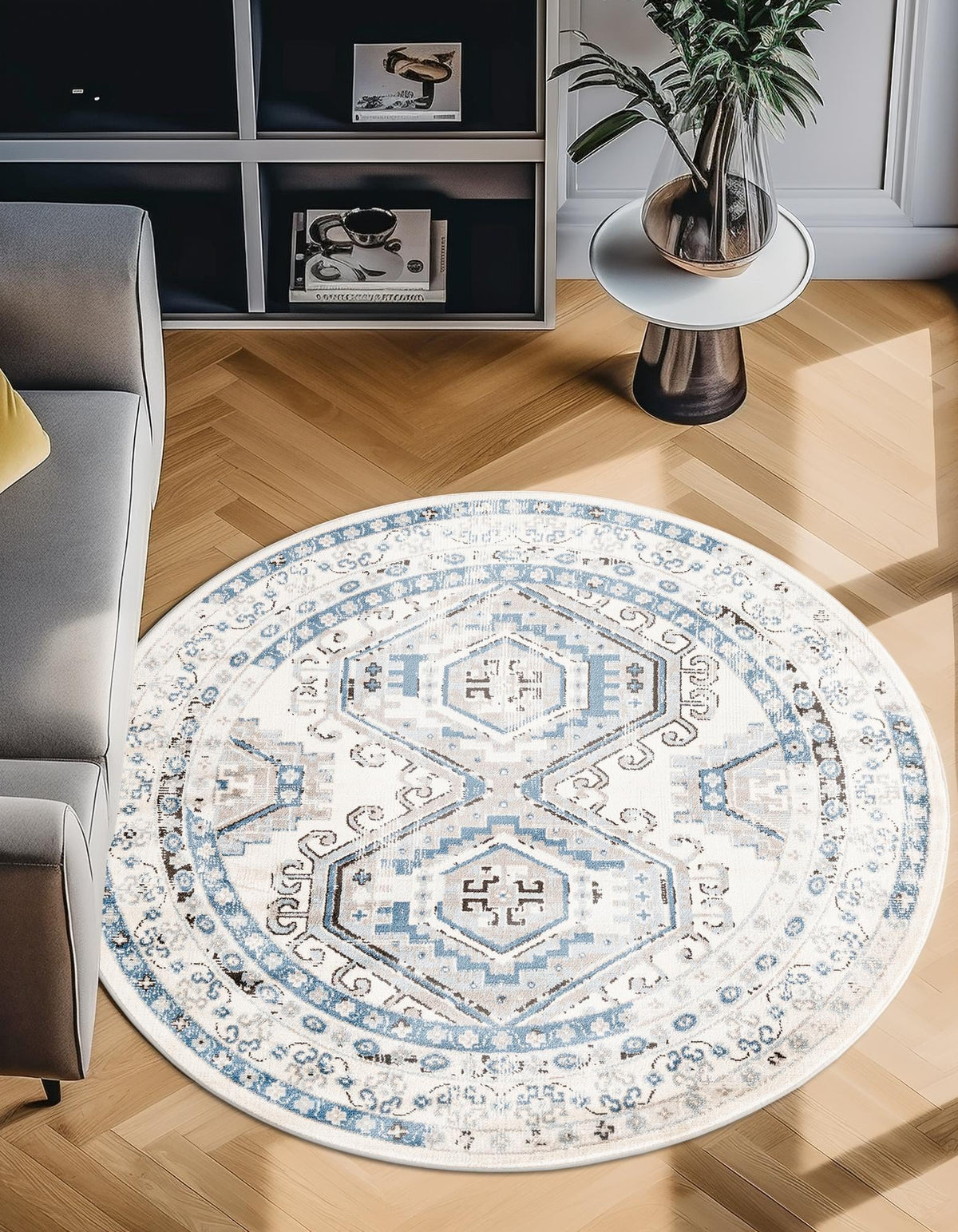 Savannah Elegance Collection Area Rug -  Tybee (Ivory Aqua) Round Ivory Aqua  lifestyle 59
