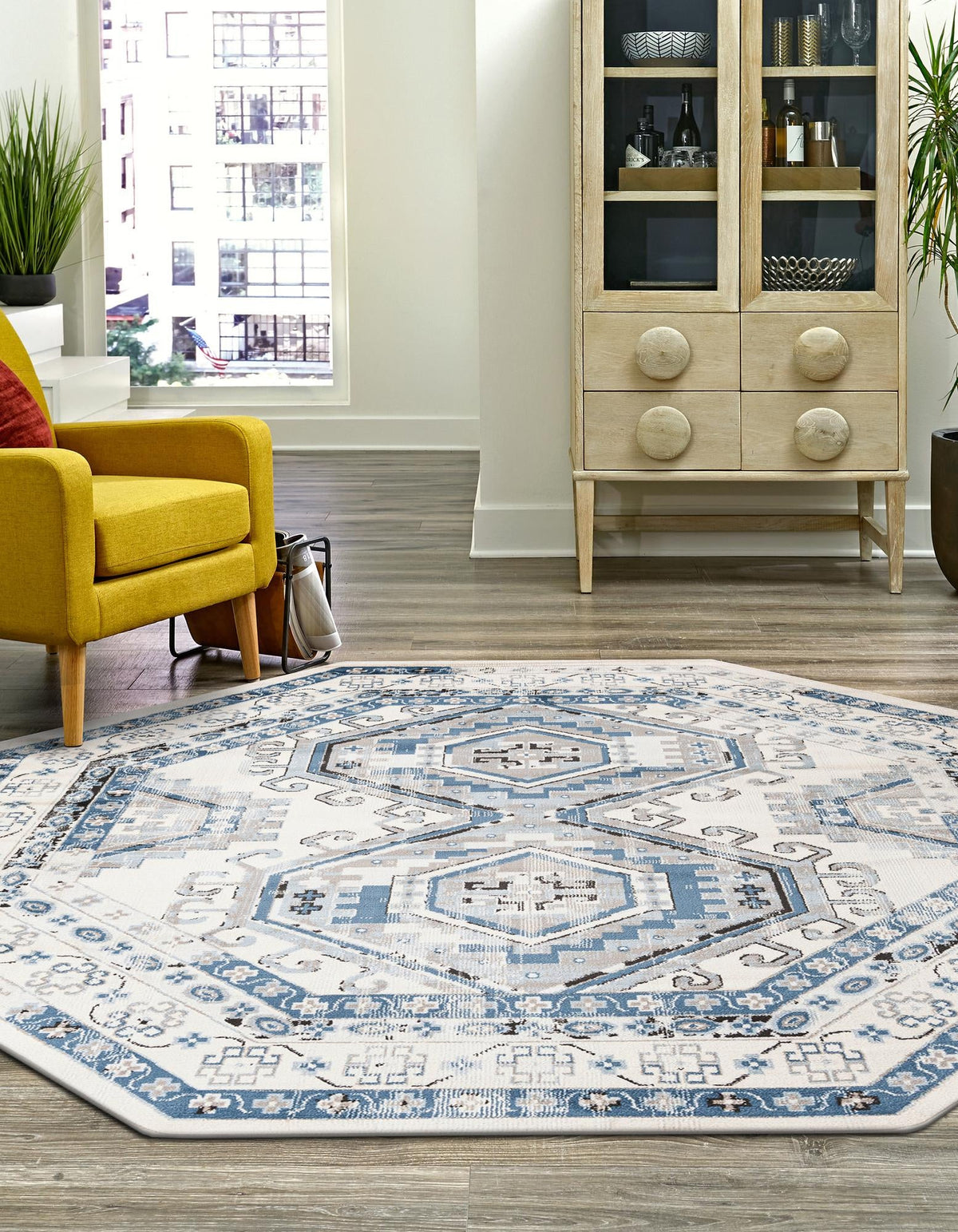 Savannah Elegance Collection Area Rug -  Tybee (Ivory Aqua) Octagon Ivory Aqua  lifestyle 41