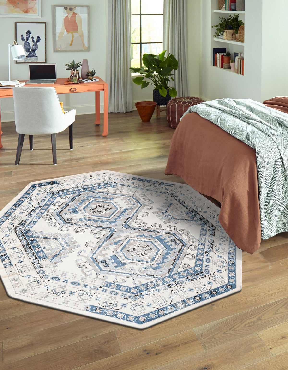 Savannah Elegance Collection Area Rug -  Tybee (Ivory Aqua) Octagon Ivory Aqua  lifestyle 45
