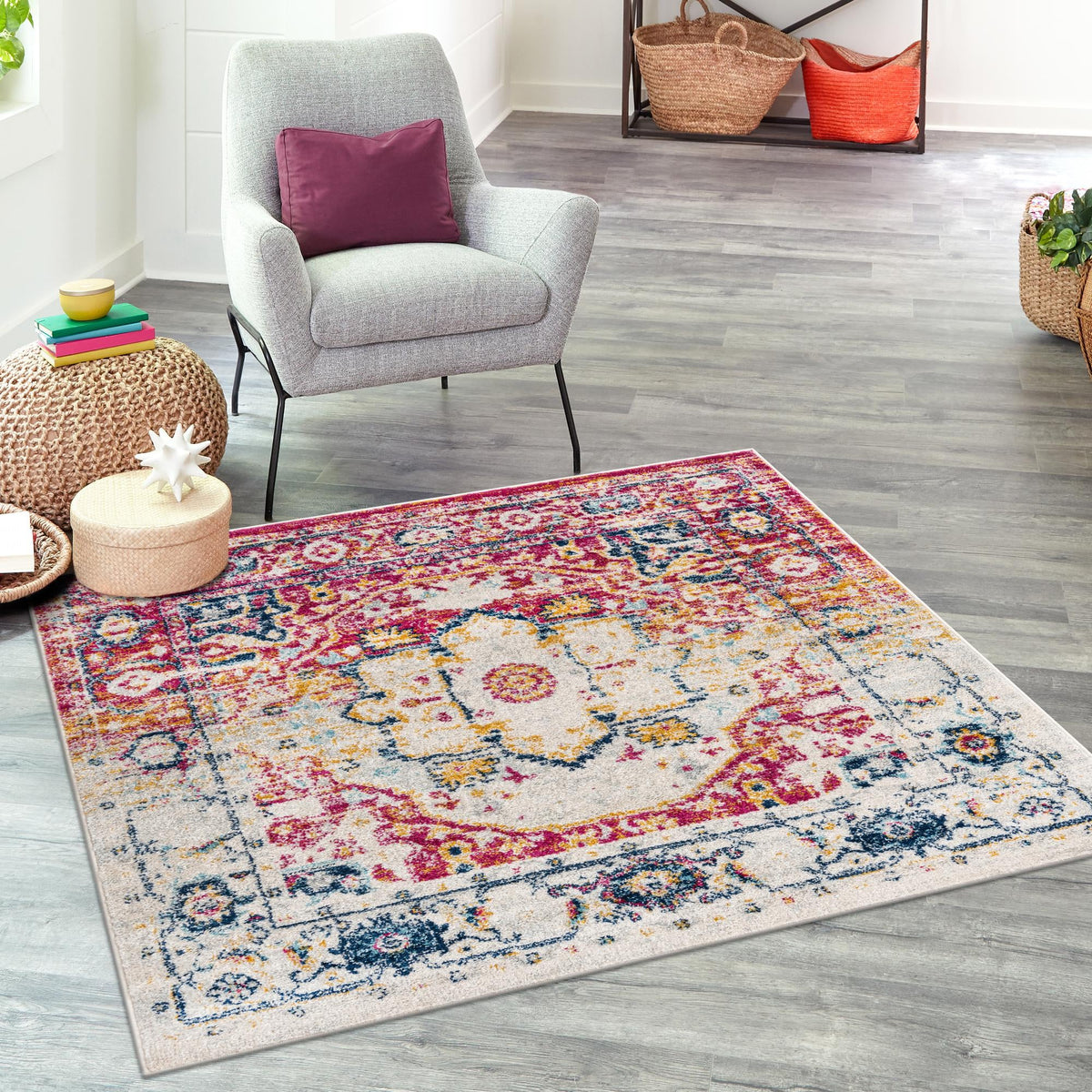 Parisian Elegance Collection Area Rug - Versailles (Pink Gray) Square Pink Gray  lifestyle 85