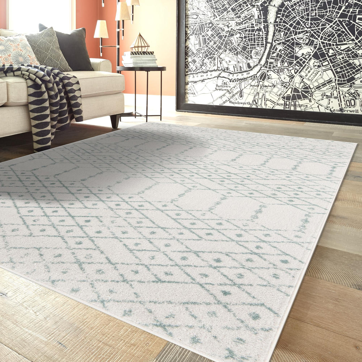 Marrakesh Lattice Collection Area Rug - Casablanca (Ivory Aqua) Rectangle Ivory Aqua  lifestyle 23