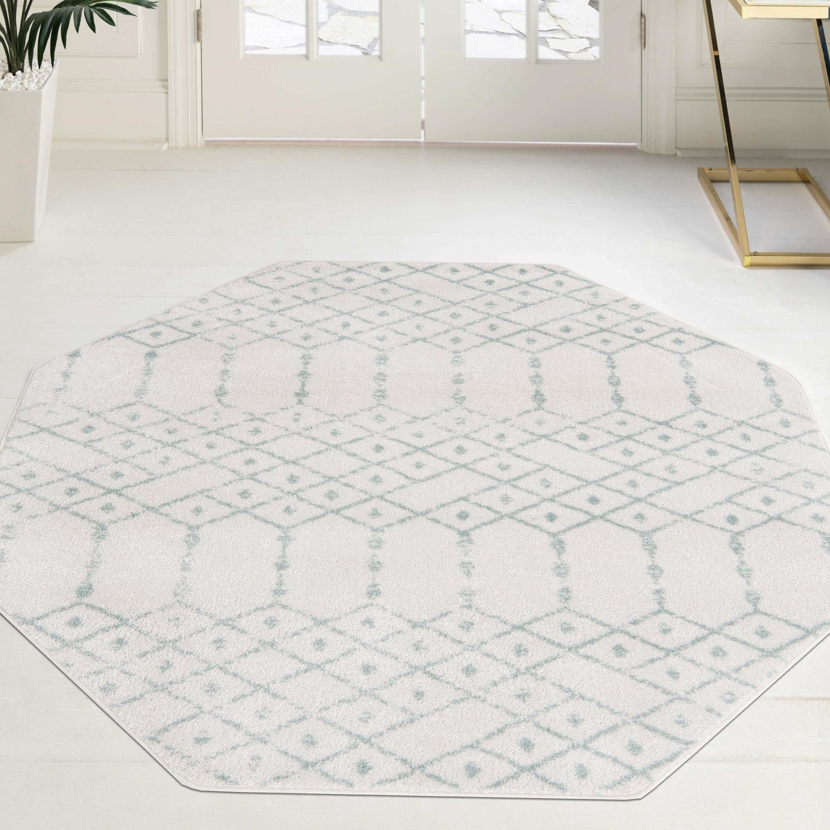 Marrakesh Lattice Collection Area Rug - Casablanca (Ivory Aqua) Octagon Ivory Aqua  lifestyle 115