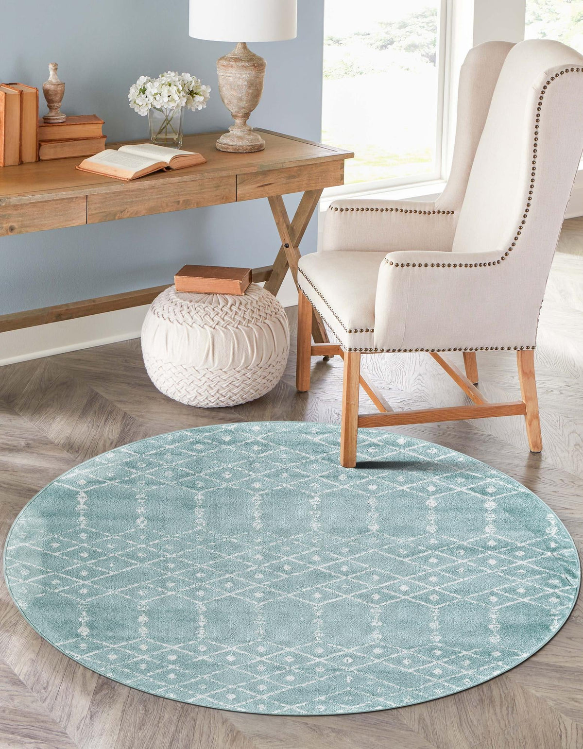Marrakesh Lattice Collection Area Rug - Casablanca (Aqua) Round Aqua  lifestyle 48