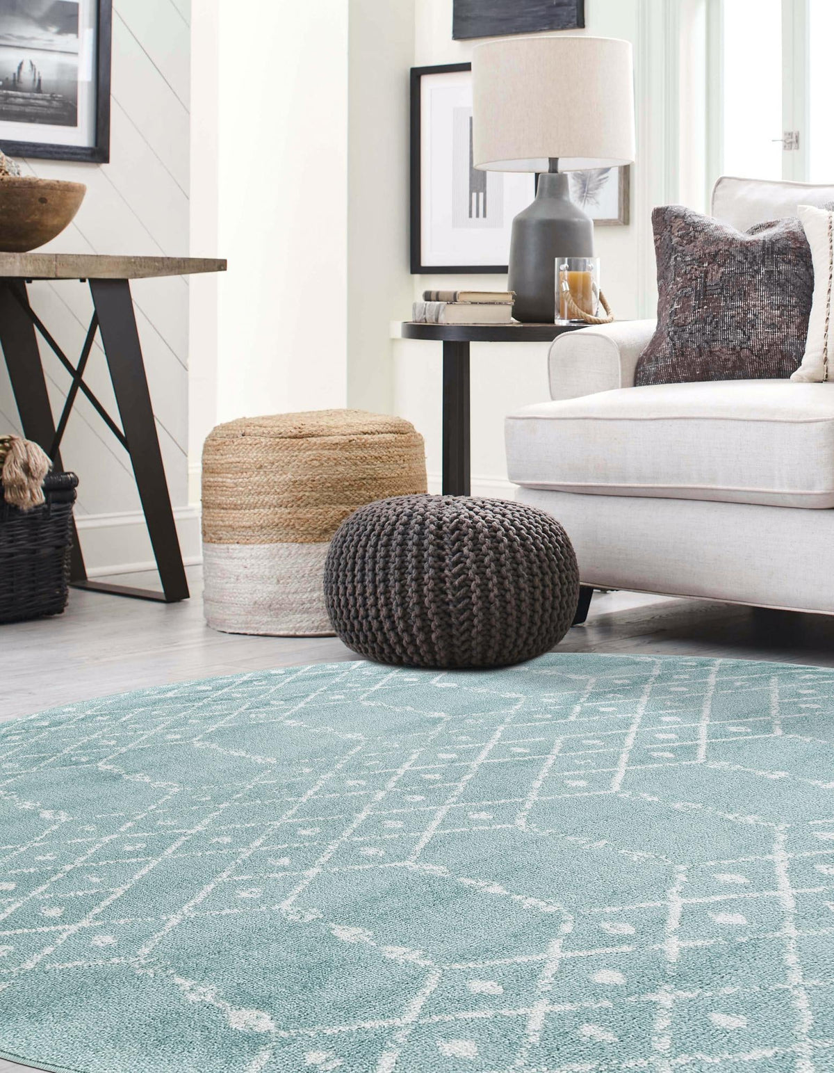 Marrakesh Lattice Collection Area Rug - Casablanca (Aqua) Round Aqua  lifestyle 54
