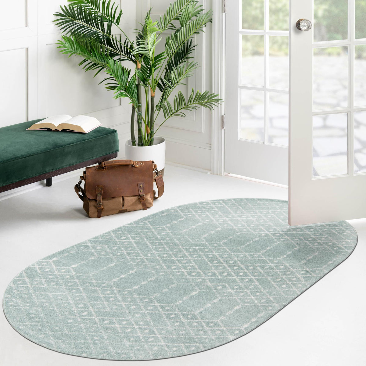 Marrakesh Lattice Collection Area Rug - Casablanca (Aqua) Oval Aqua  lifestyle 113
