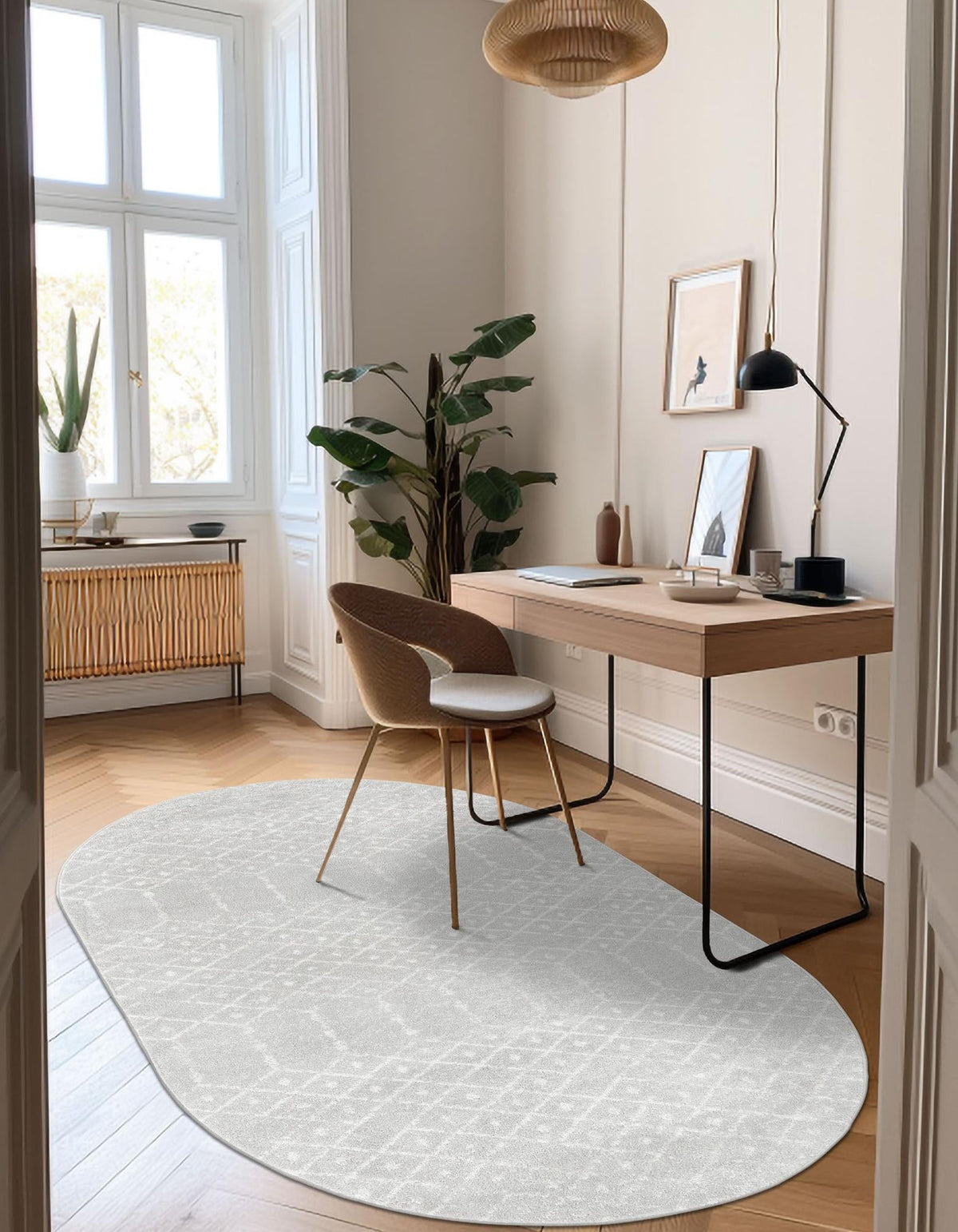 Marrakesh Lattice Collection Area Rug - Casablanca (Light Gray) Oval Light Gray  lifestyle 45
