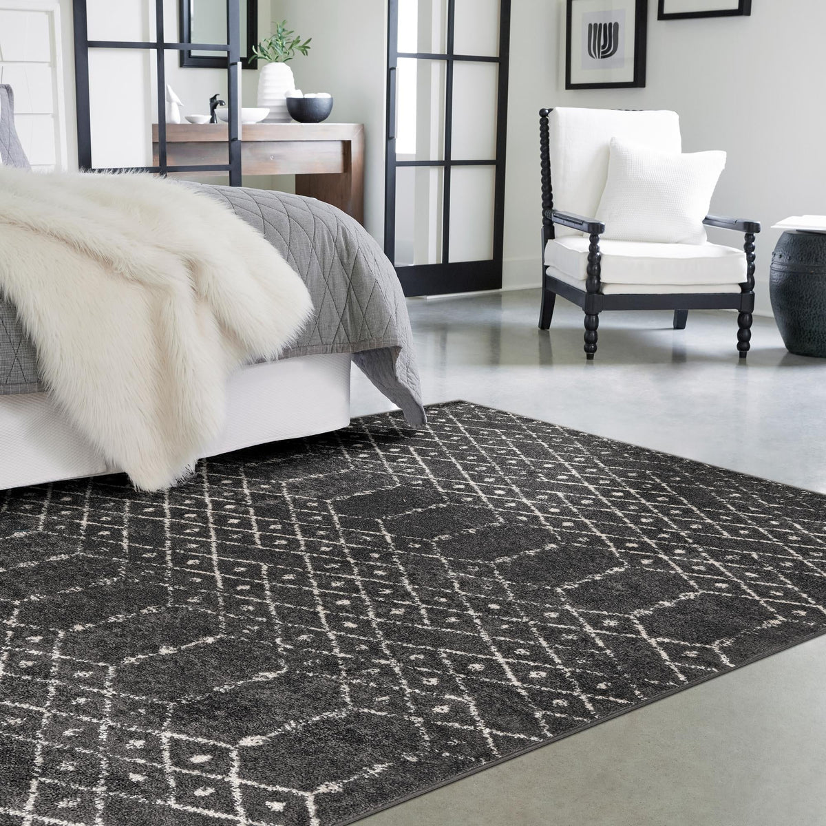 Marrakesh Lattice Collection Area Rug - Casablanca (Charcoal Gray) Rectangle Charcoal Gray  lifestyle 23