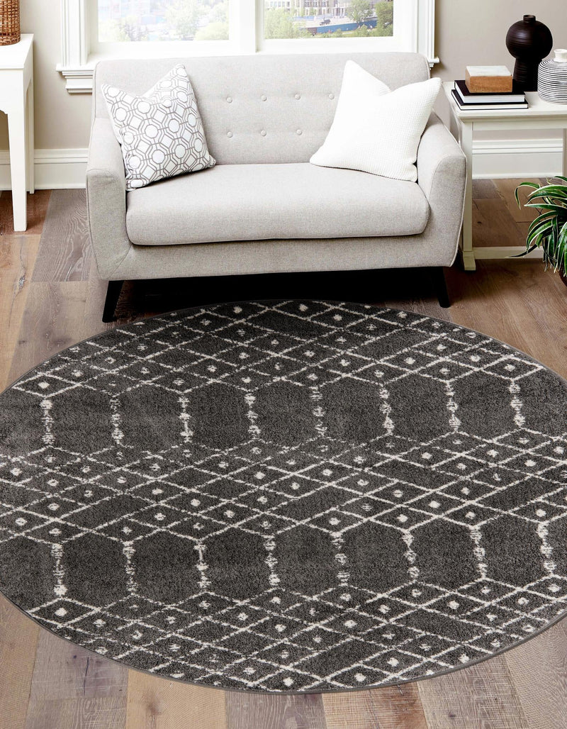 Marrakesh Lattice Collection Area Rug - Casablanca (Charcoal Gray) Round Charcoal Gray  lifestyle 29