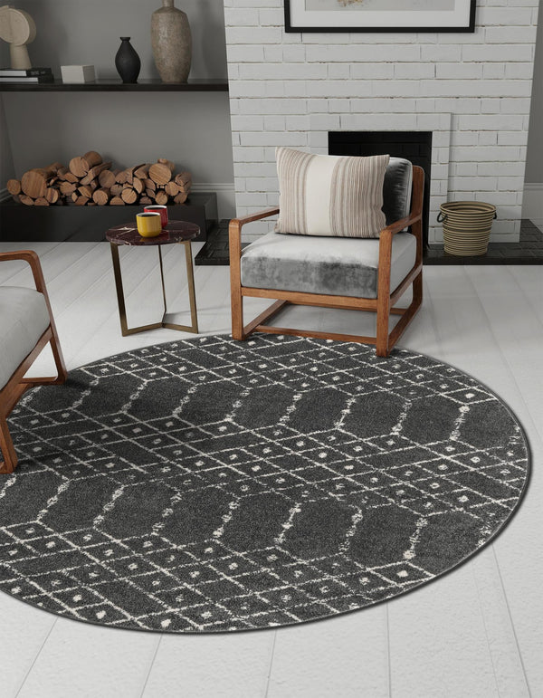 Marrakesh Lattice Collection Area Rug - Casablanca (Charcoal Gray) Round Charcoal Gray  lifestyle 47