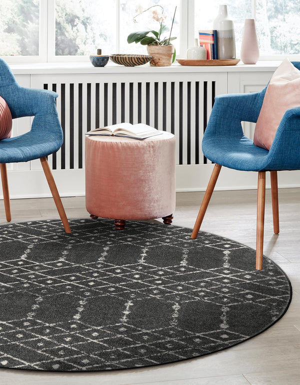 Marrakesh Lattice Collection Area Rug - Casablanca (Charcoal Gray) Round Charcoal Gray  lifestyle 56