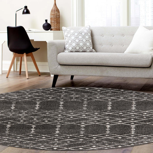 Marrakesh Lattice Collection Area Rug - Casablanca (Charcoal Gray) Round Charcoal Gray  lifestyle 110