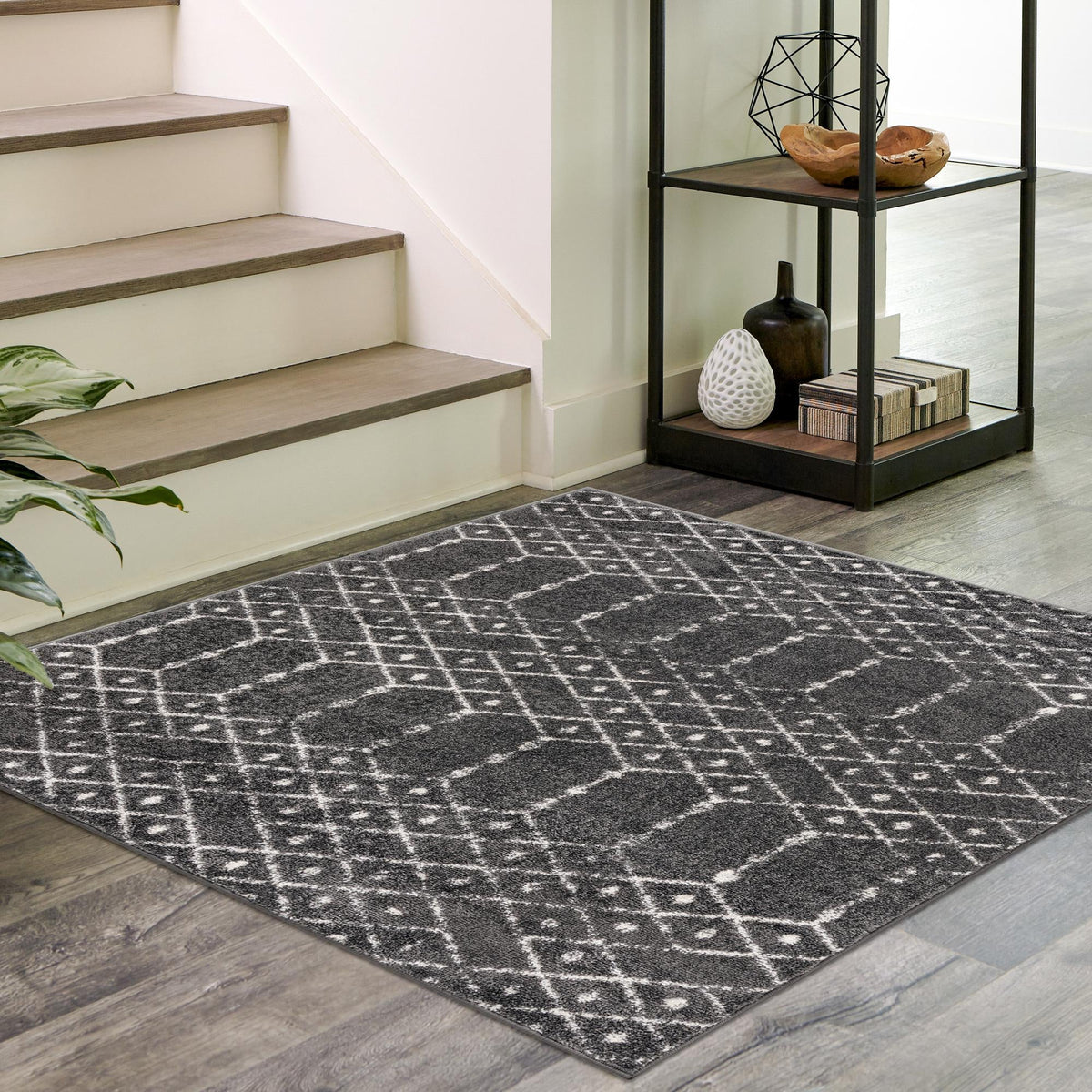 Marrakesh Lattice Collection Area Rug - Casablanca (Charcoal Gray) Square Charcoal Gray  lifestyle 111